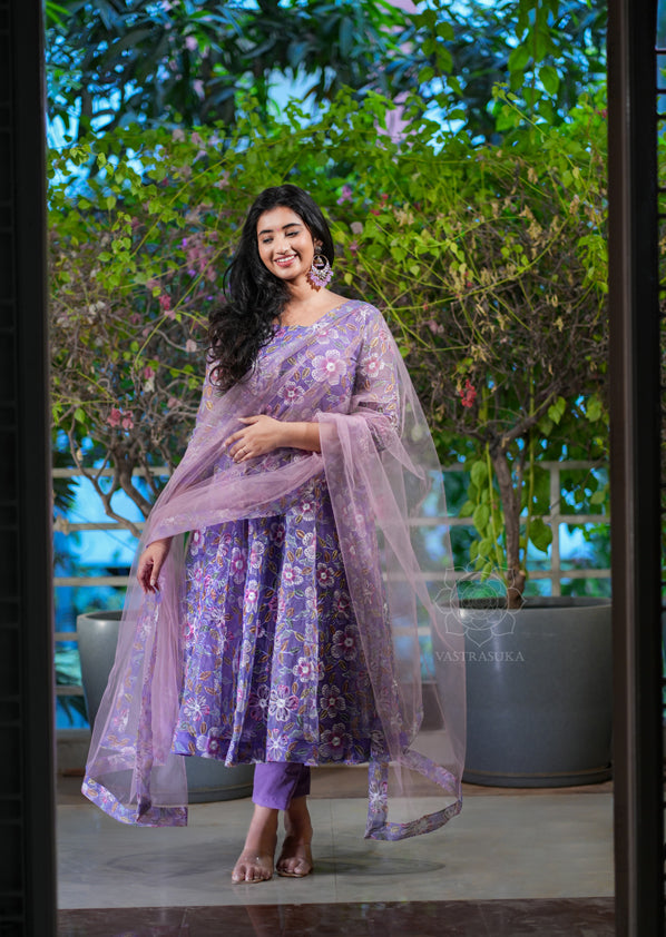 Kanishka – Premium Designer Lavender Crush Silk Festive Anarkali with Scalloped Dupatta