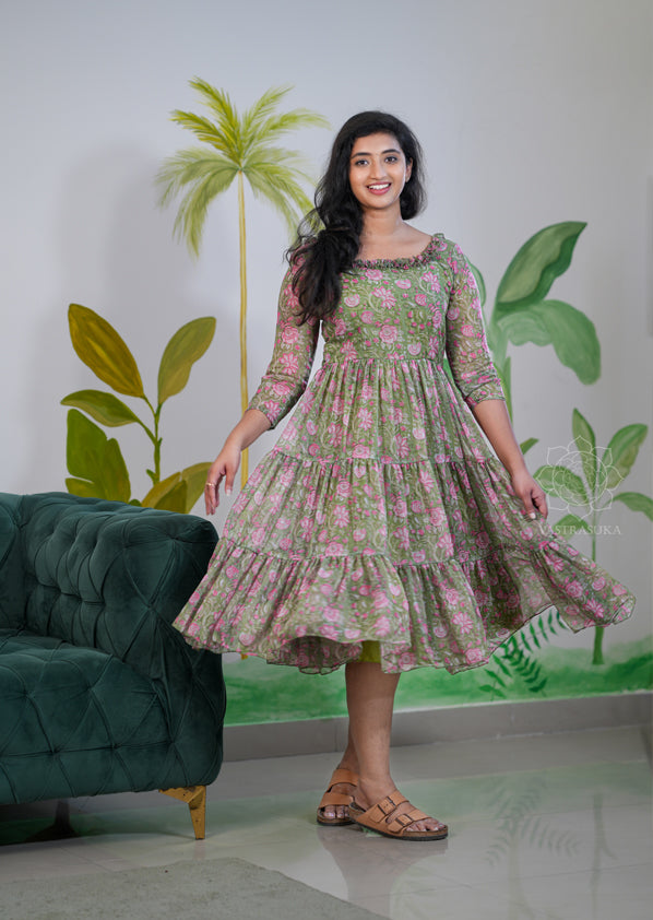 Pastel green kalamkari short dress