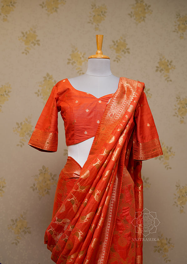 Violet with Orange with Pink Banarasi Soft Silk Saree main image 1