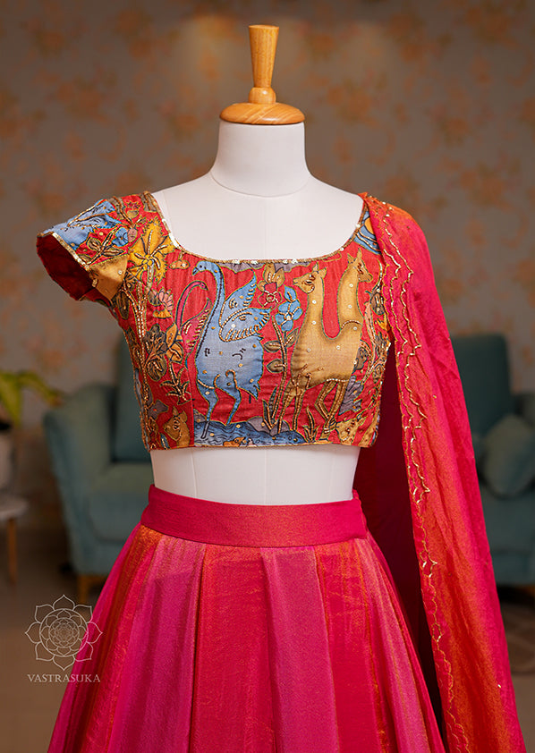 Rust Orange Pen Kalamkari Silk Lehenga