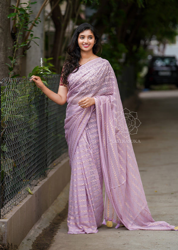 Women's Chiffon Lavendar Embellished Designer Saree With Blouse Piece