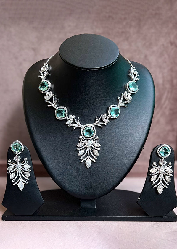 Ad Designer Mint Green Leaf Cz Stone Necklace Set