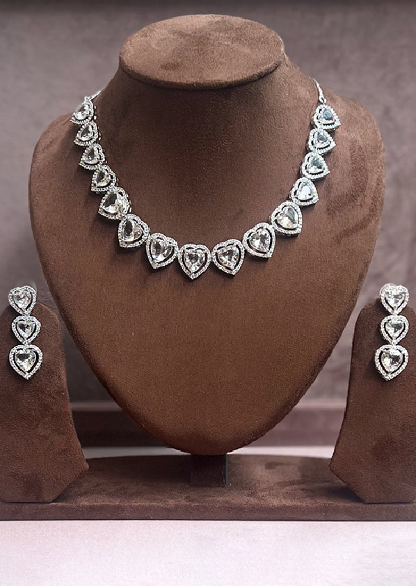 Cz Designer White Hearts Necklace Set