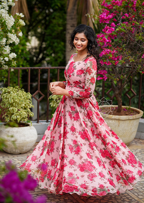 Light Pink Red Floral Long Dress