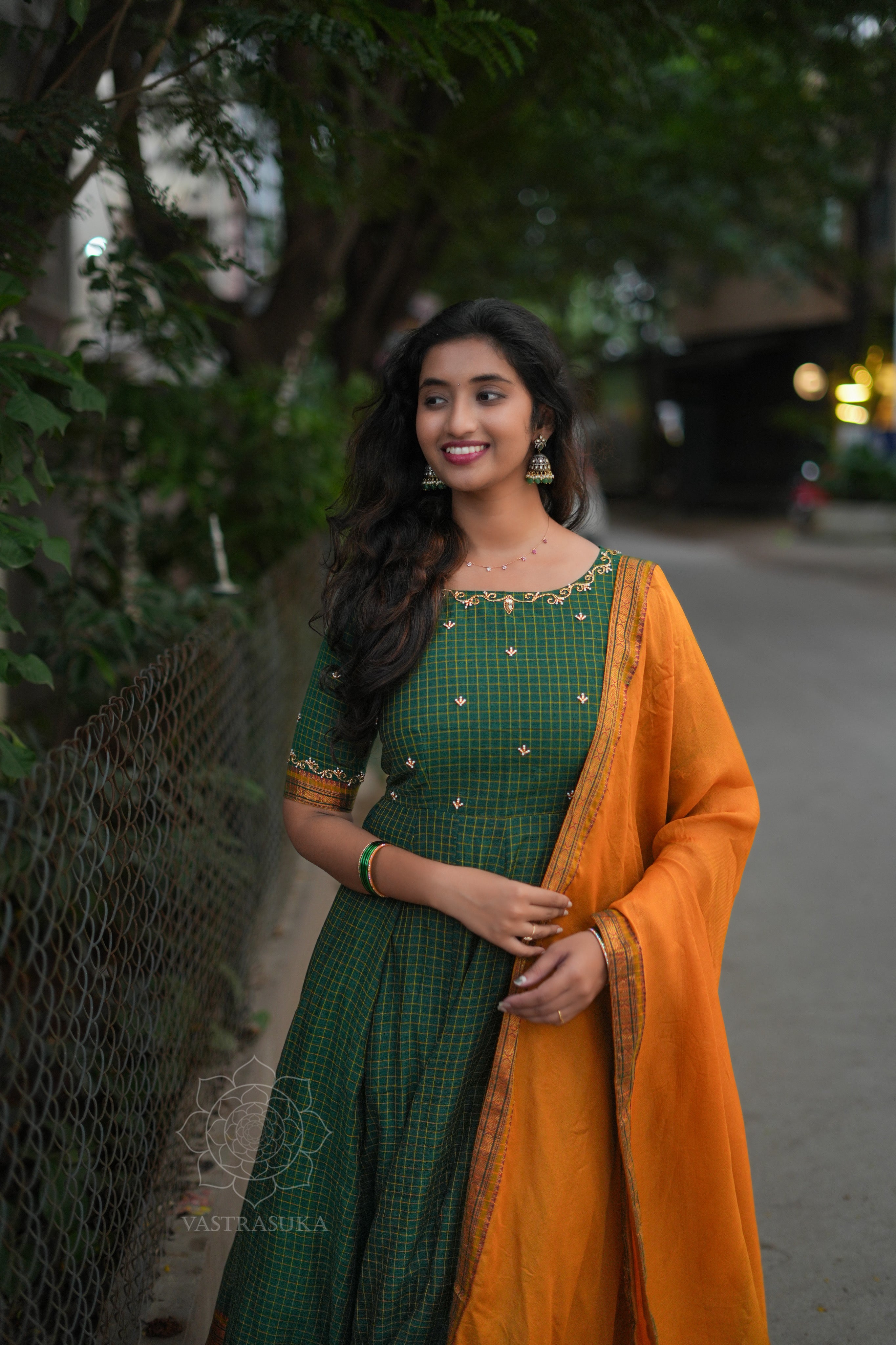 Green checks Anarkali handlooom