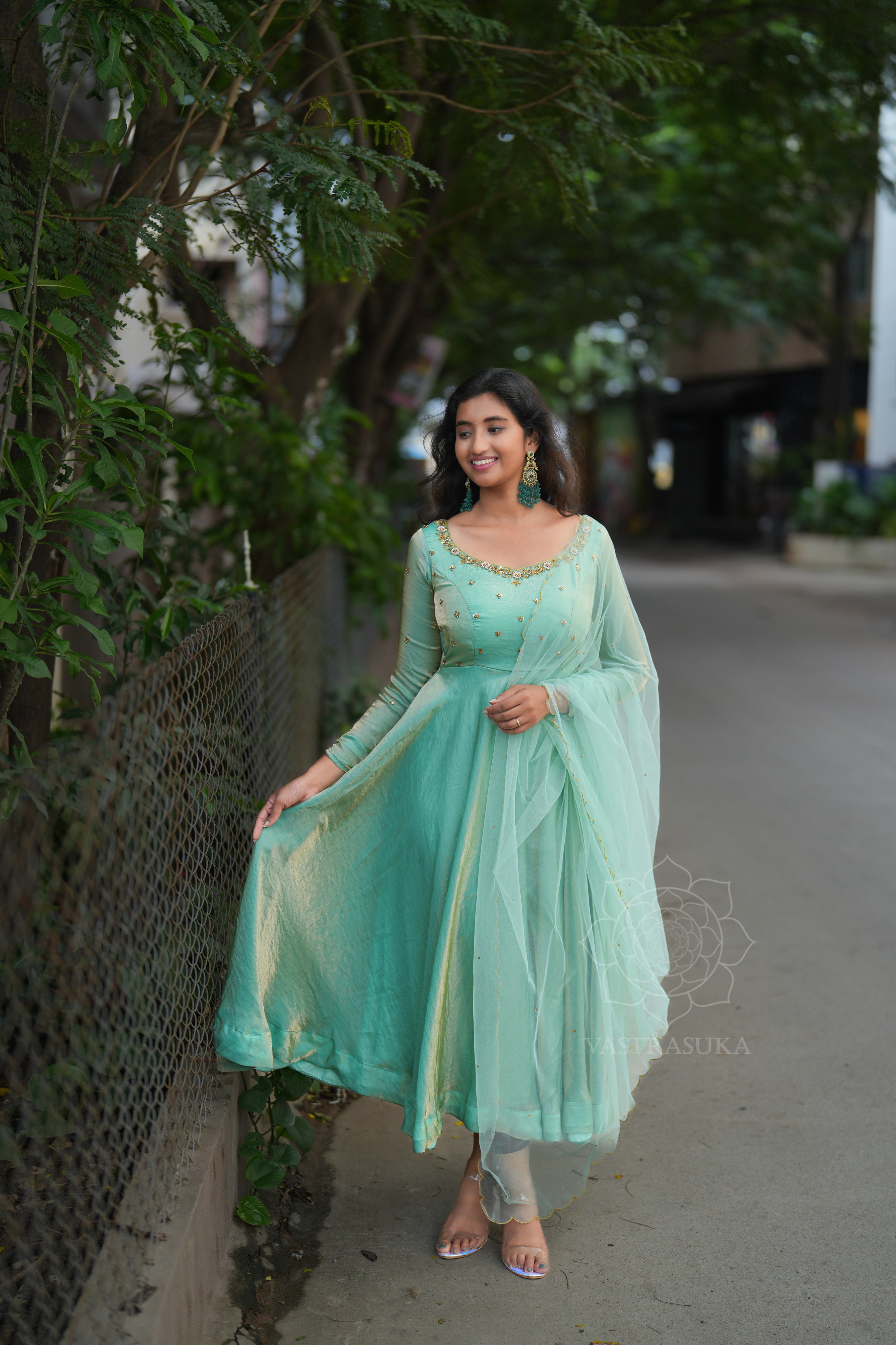 Sea green space silk Anarkali