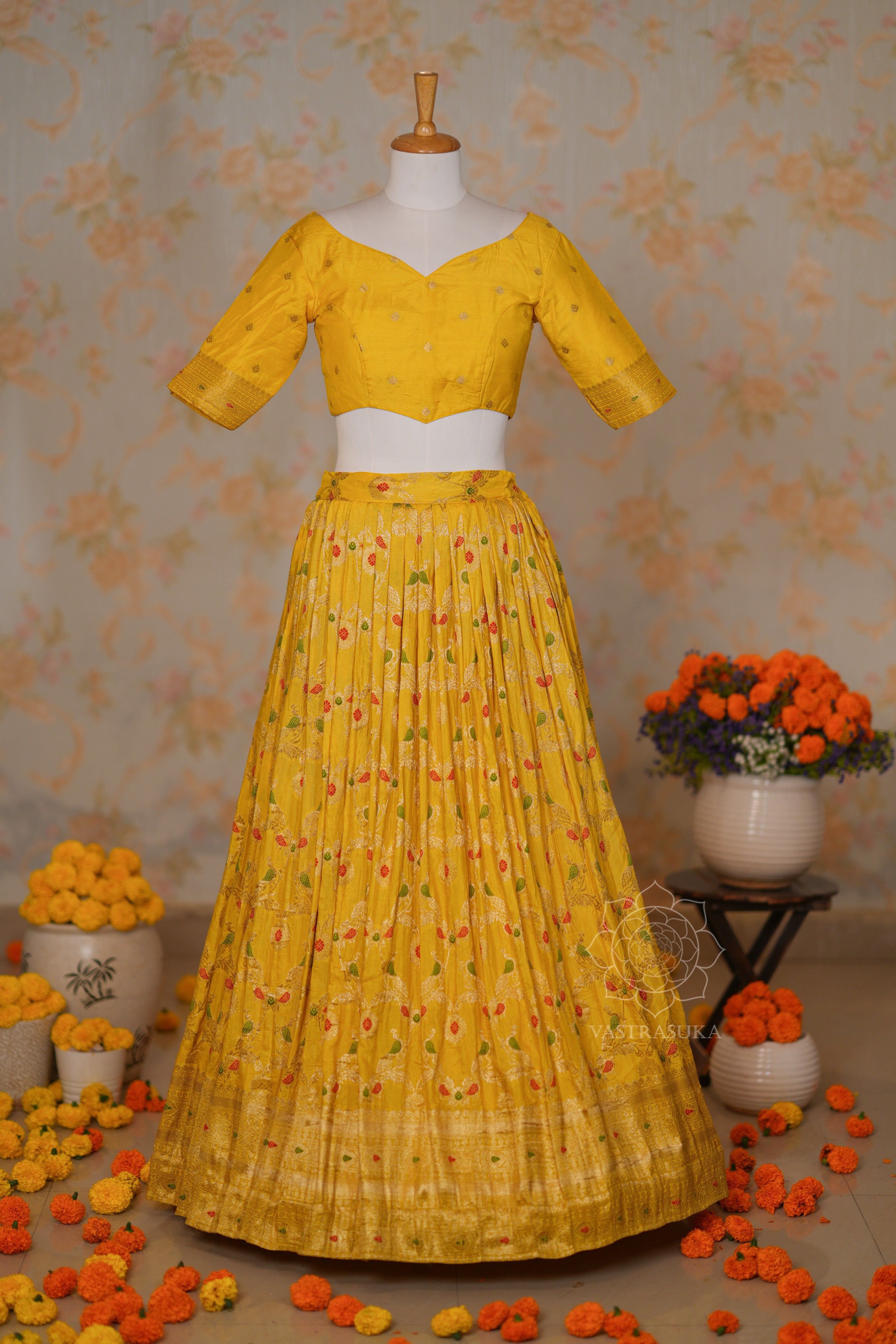 Yellow Zari Weaved Half Saree