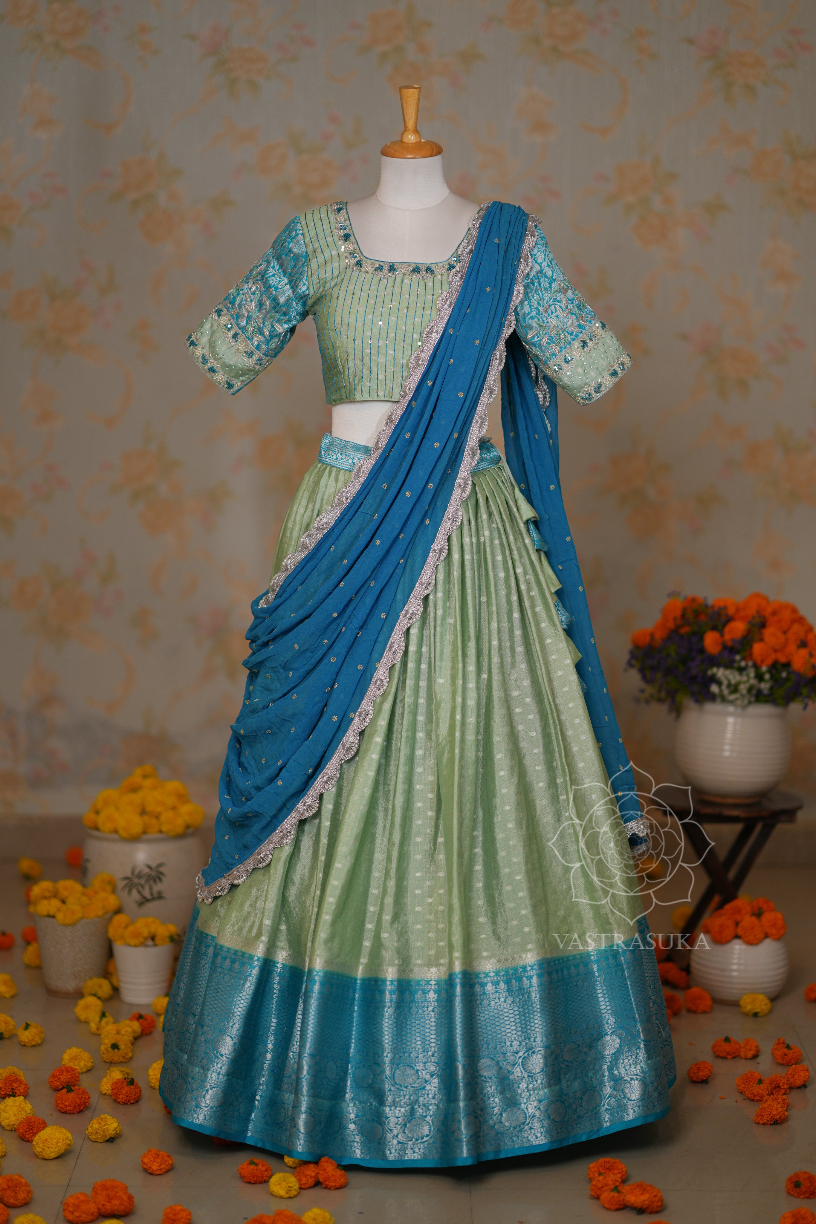 Pista and Teal Lehenga Set