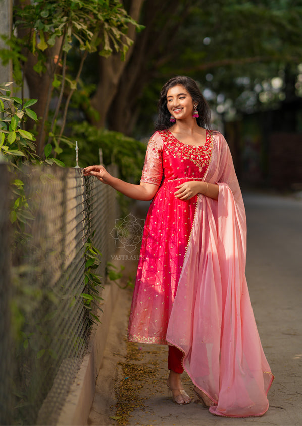 Red & Peach Ombré Anarkali Dress