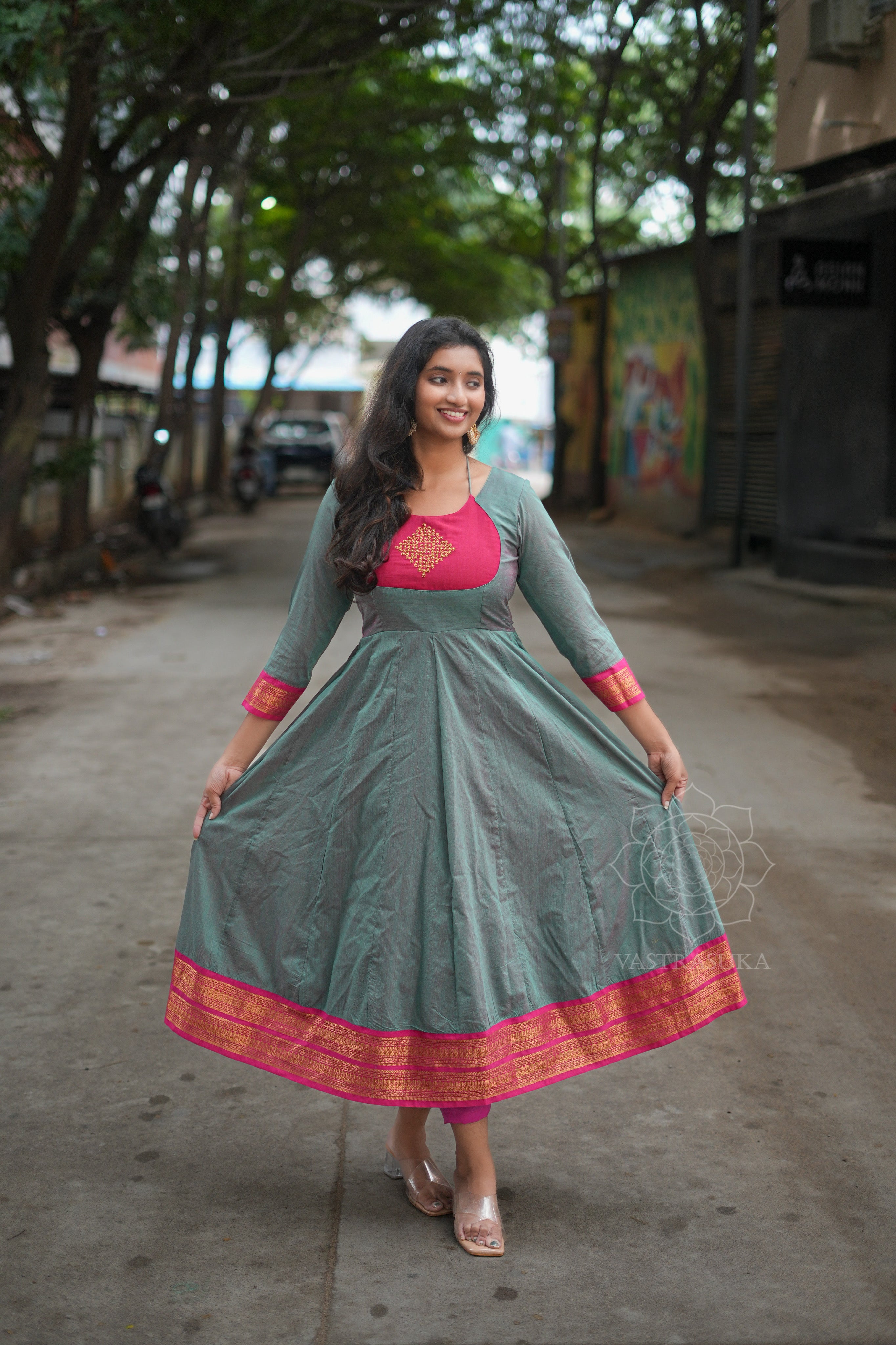 Pine green & pink Kanchi cotton Anarkali
