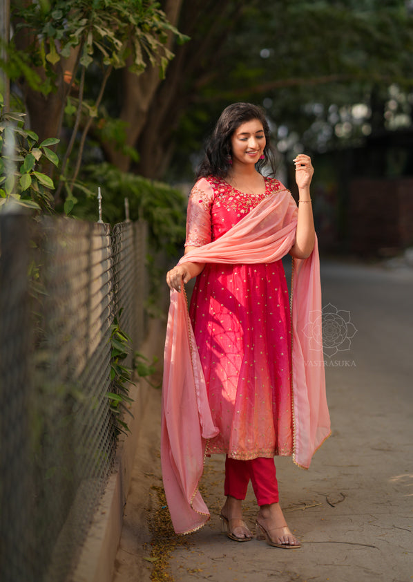 Red & Peach Ombré Anarkali Dress