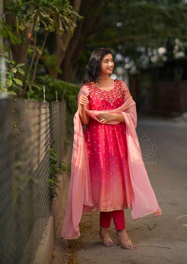 Red & Peach Ombré Anarkali Dress