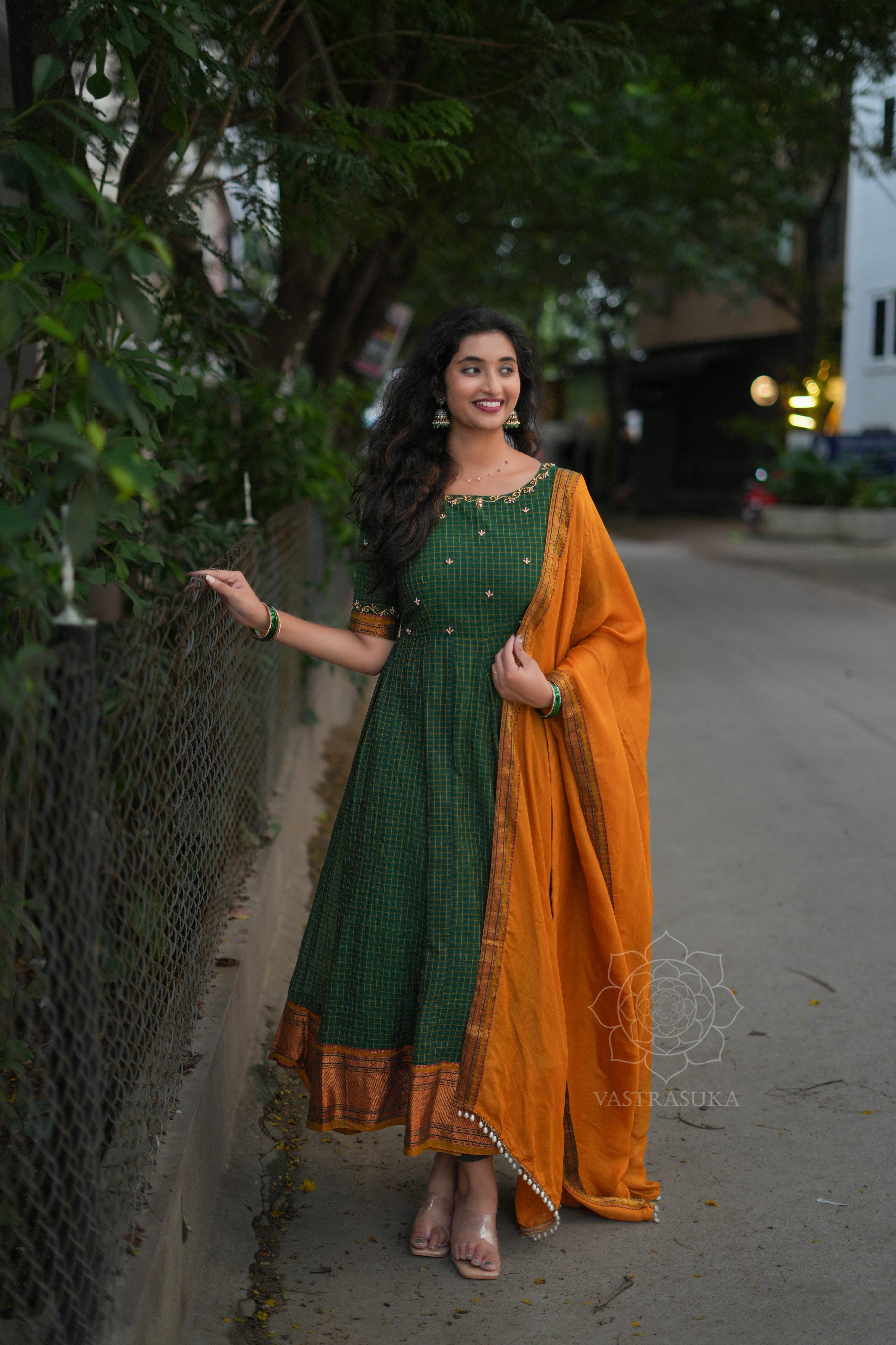 Green checks Anarkali handlooom
