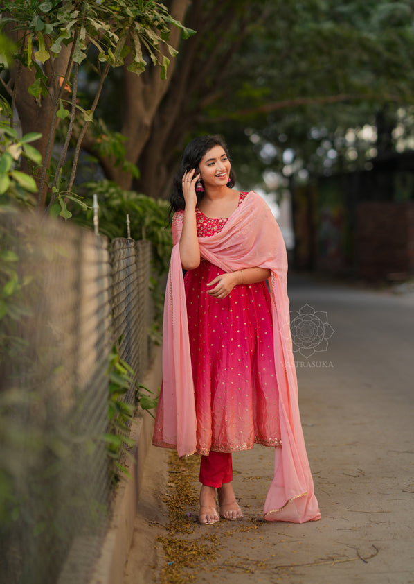 Red & Peach Ombré Anarkali Dress