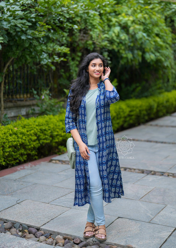Jeans Half Sleeve Long Shrug Blue Jaipur Block Printed Shrug
