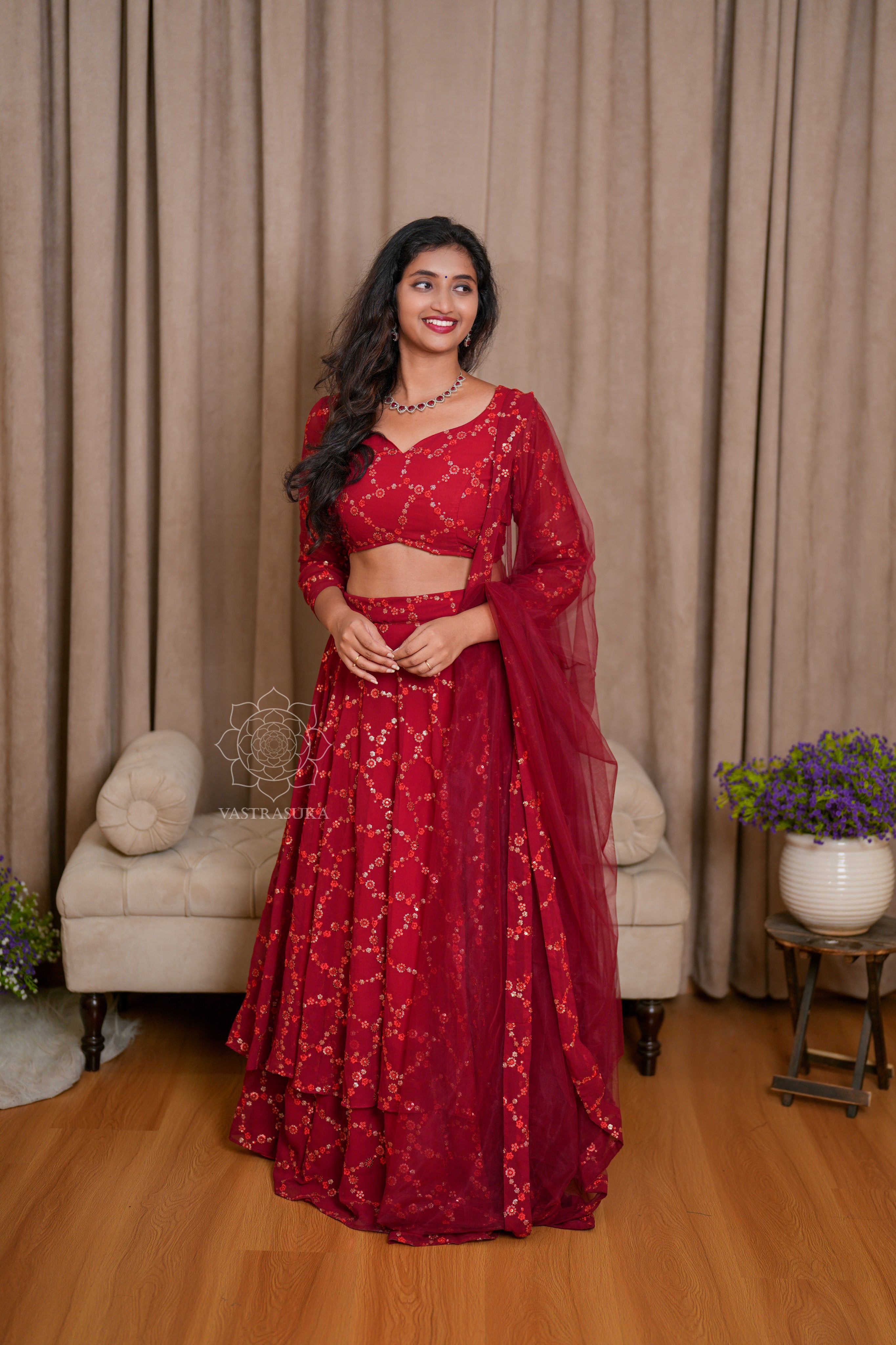 Rose Red Embroidered Lehenga Set
