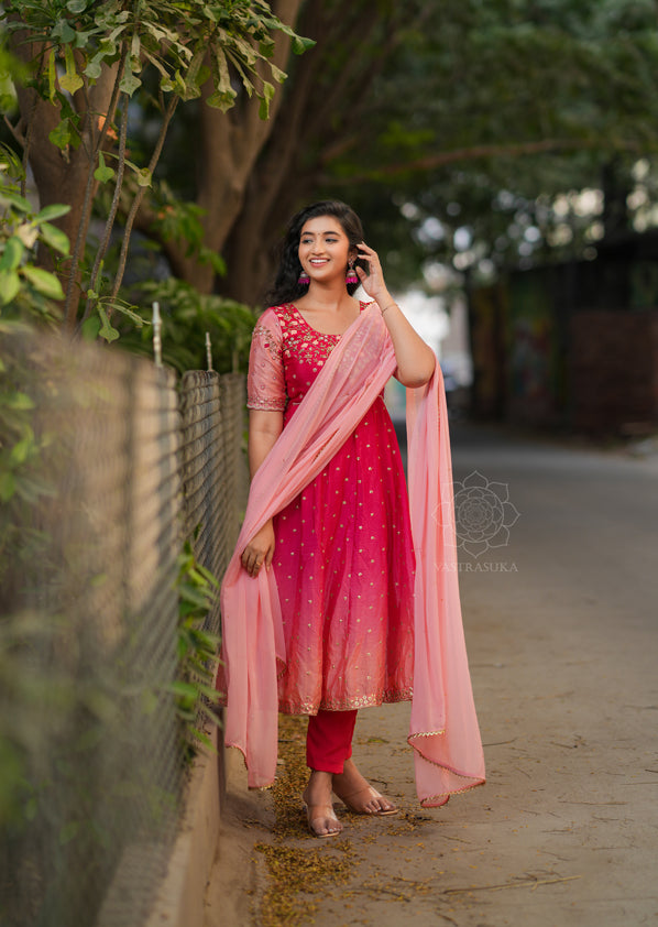 Red & Peach Ombré Anarkali Dress