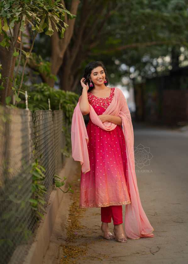 Red & Peach Ombré Anarkali Dress