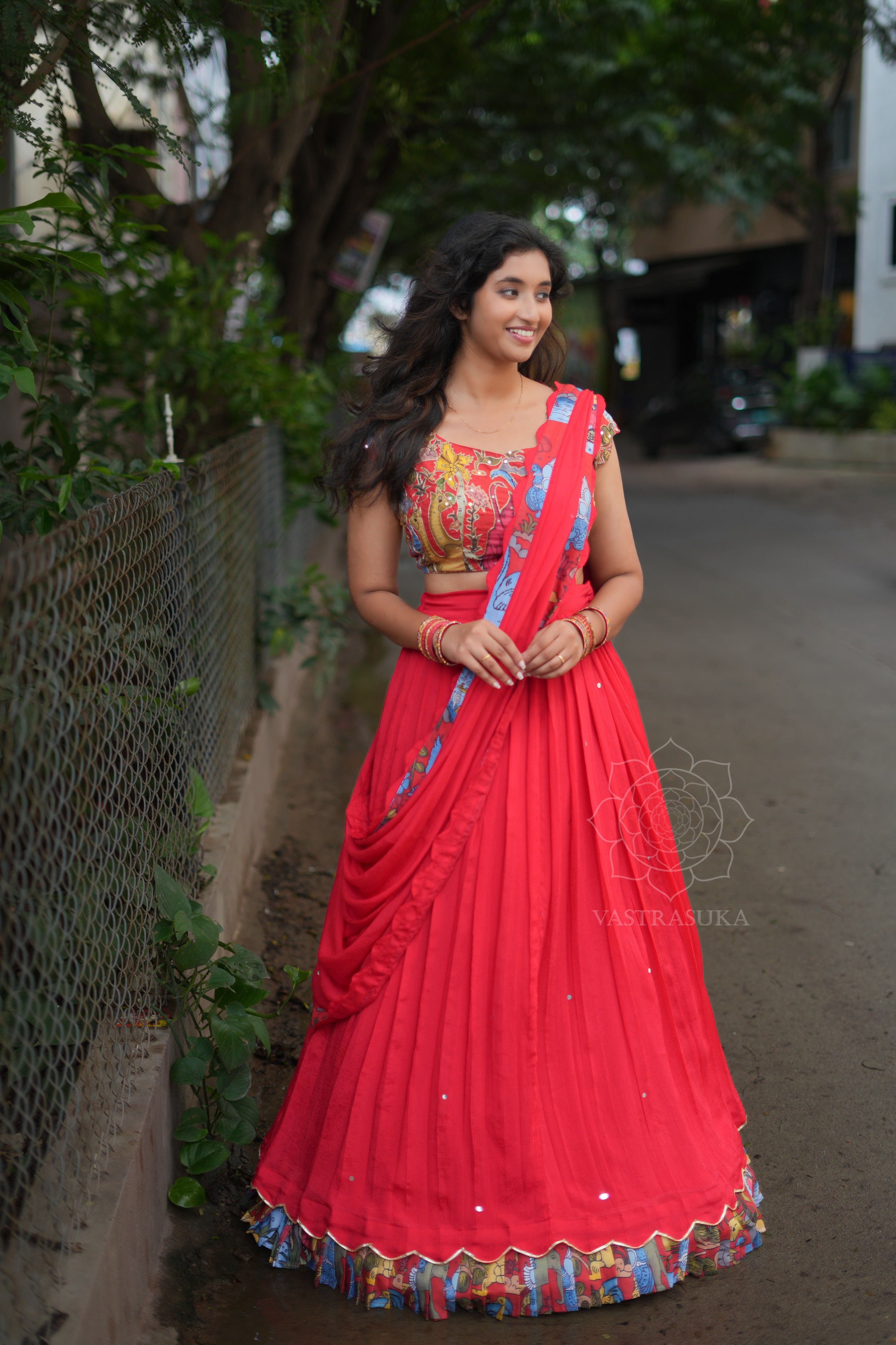 Red kalamkari lehanga set&nbsp;