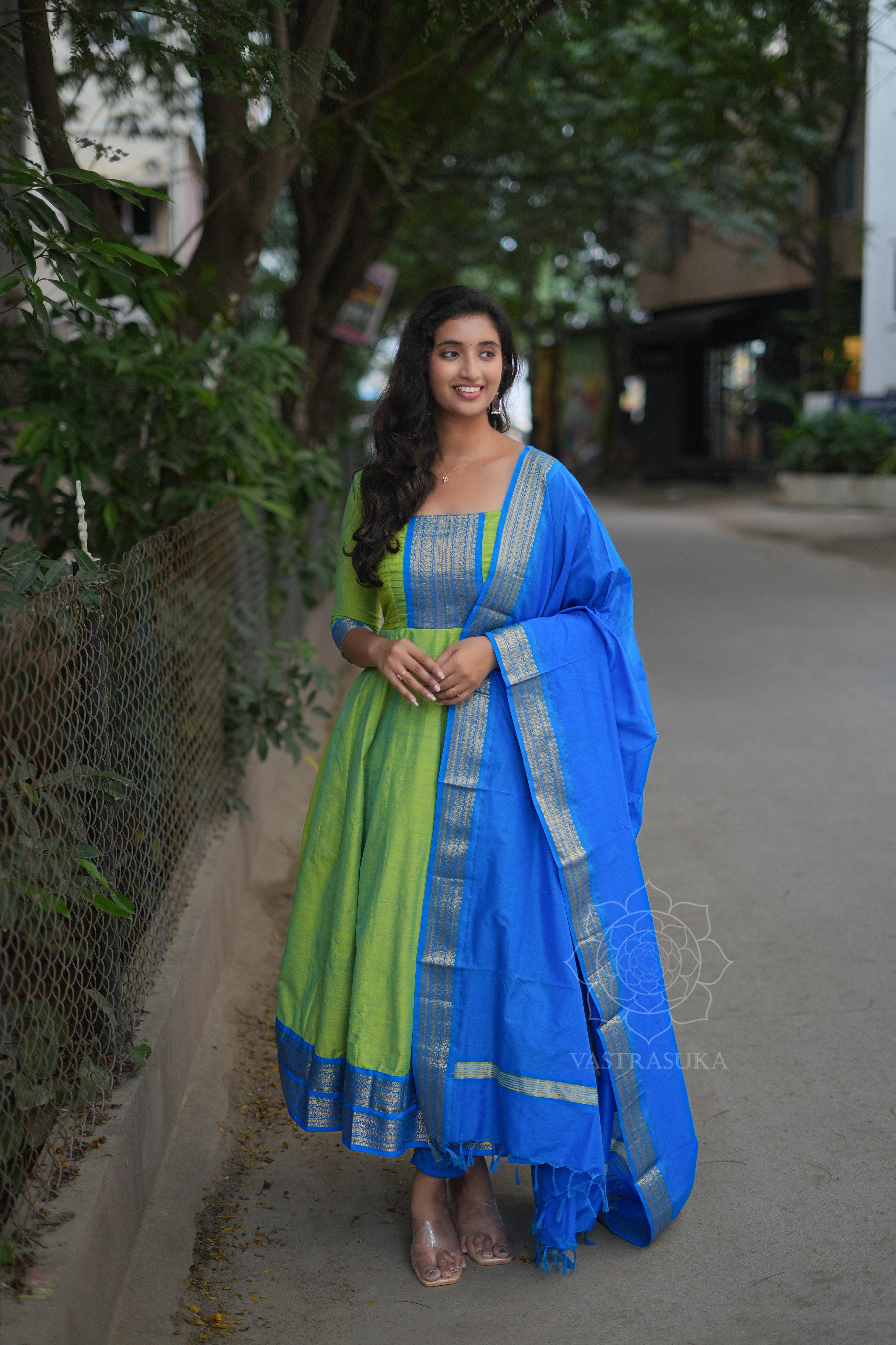 Olive green &amp; blue Kanchi cotton Anarkali