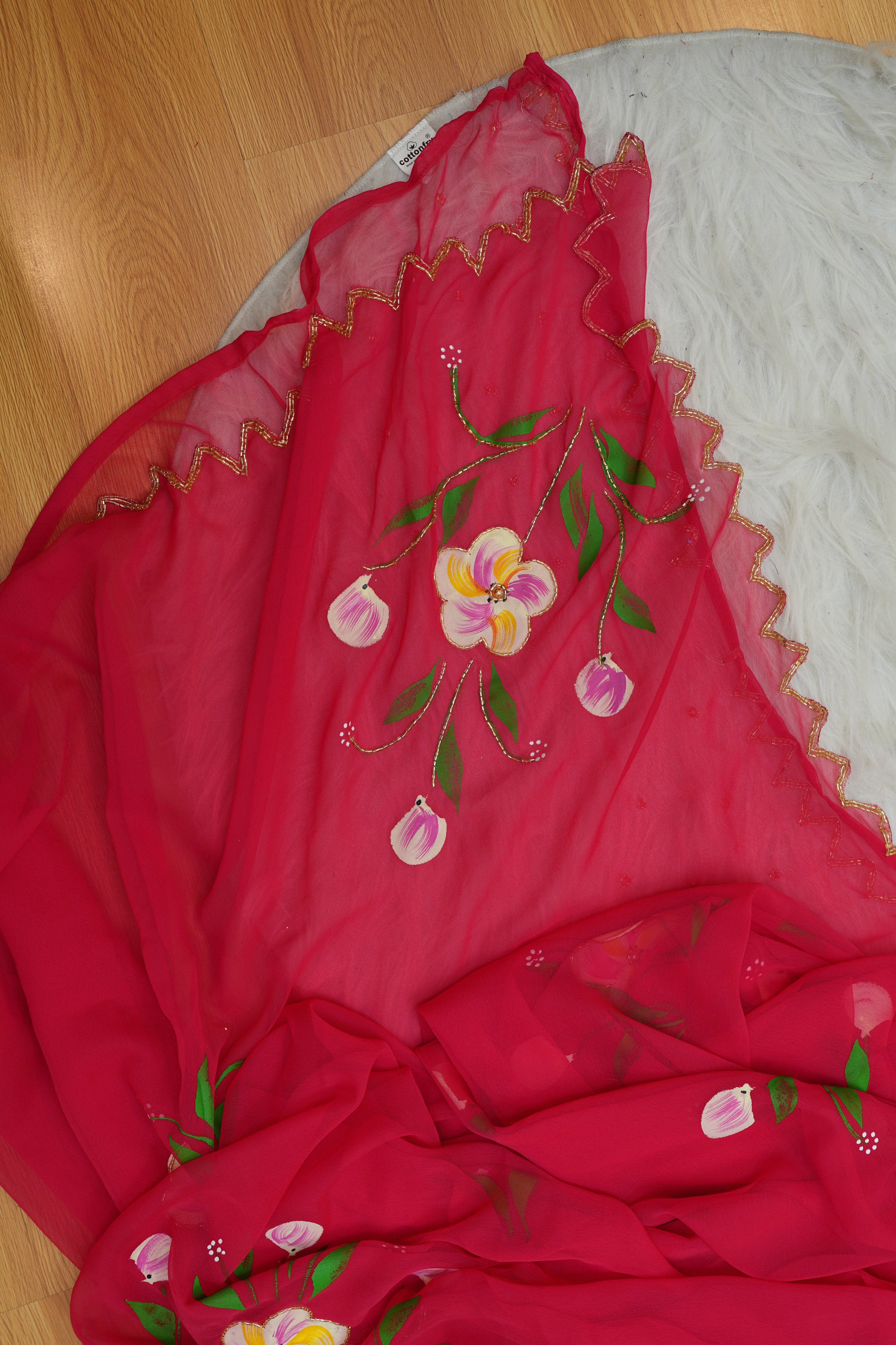 Red Hand-Painted Georgette Saree with Exquisite Handwork Detailing