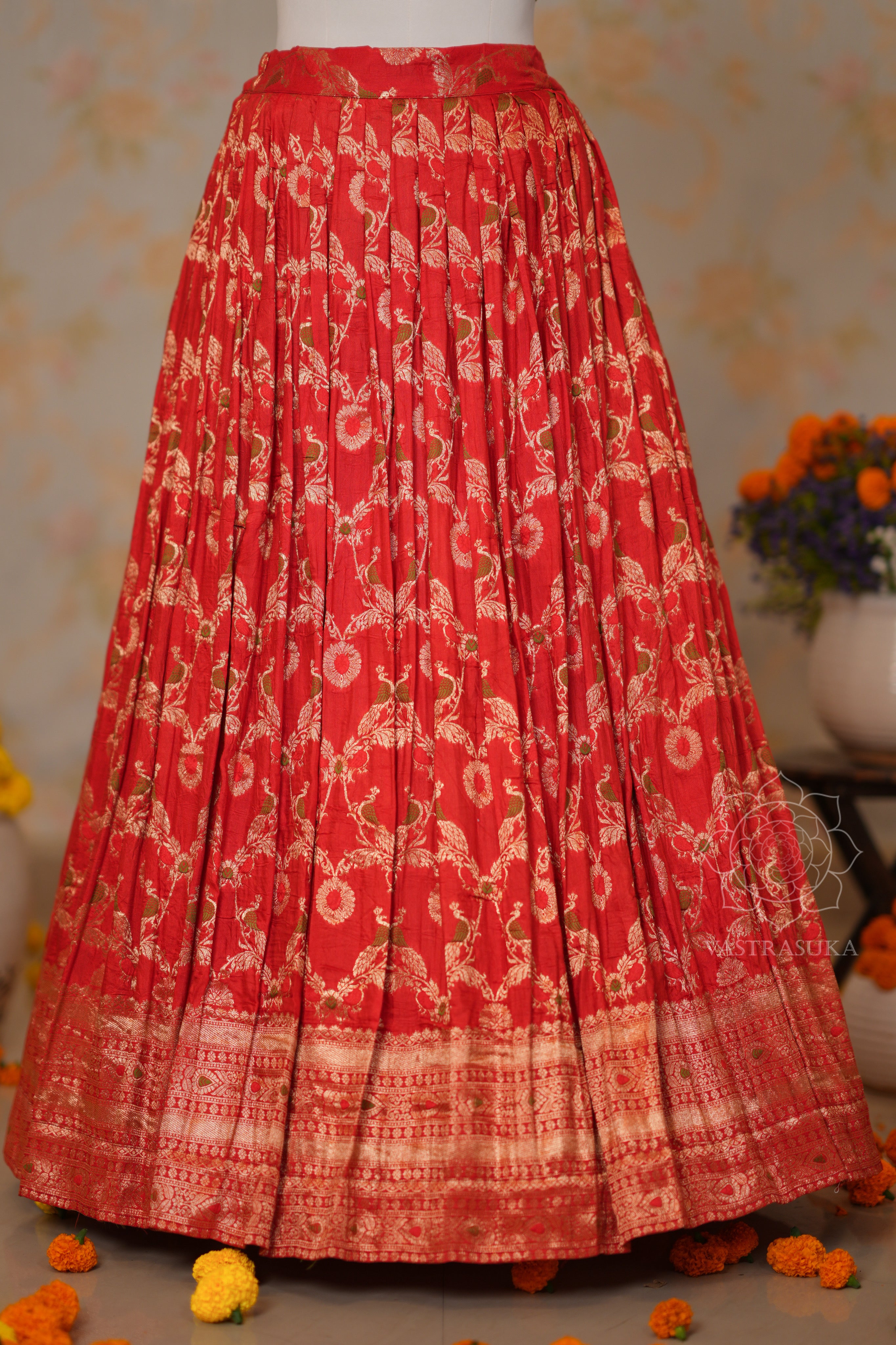 Red Zari Weaved Half Saree