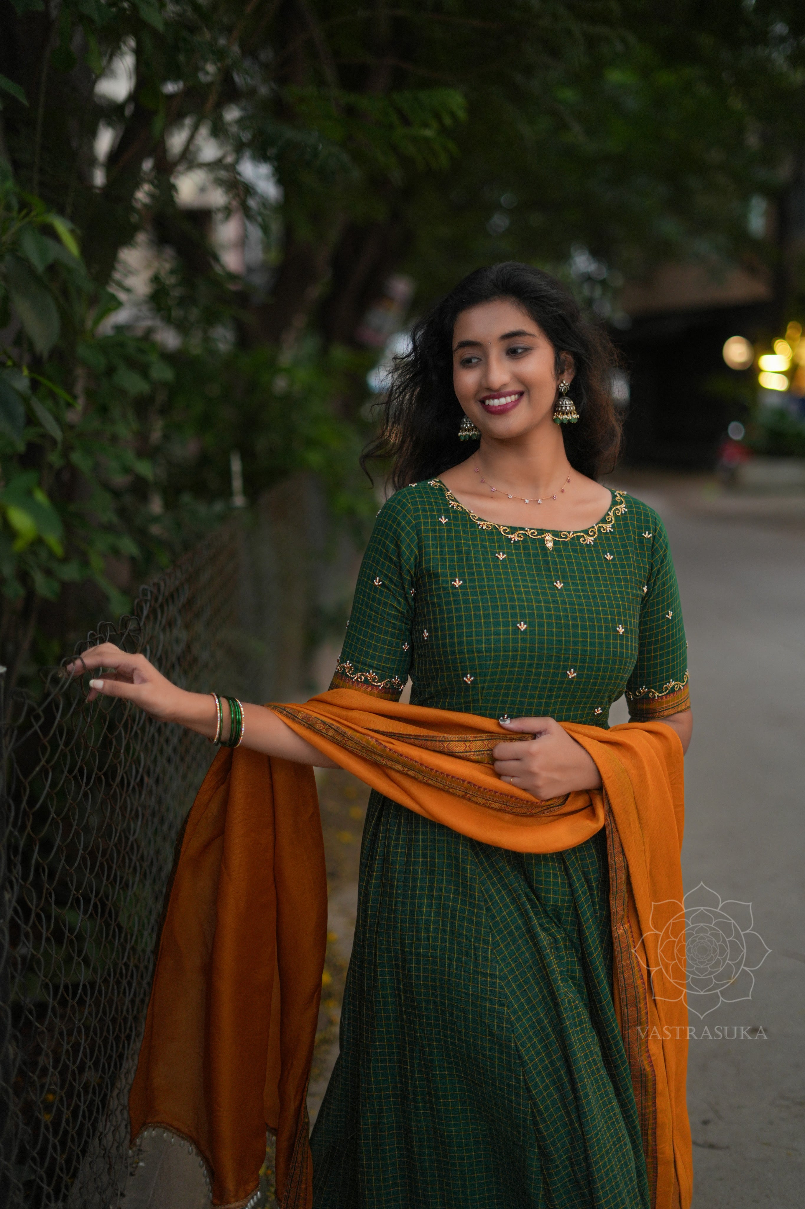 Green checks Anarkali handlooom
