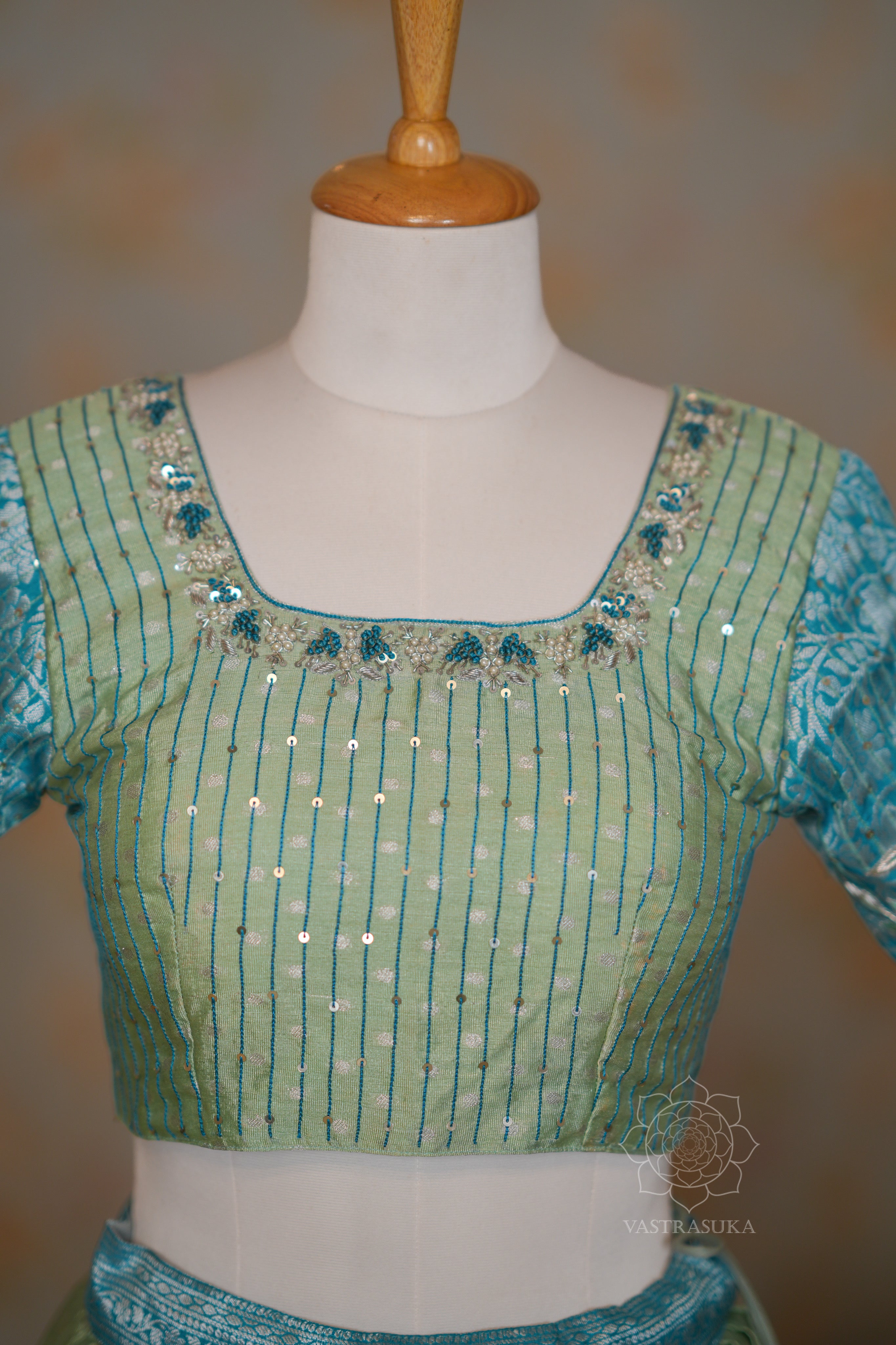 Pista and Teal Lehenga Set