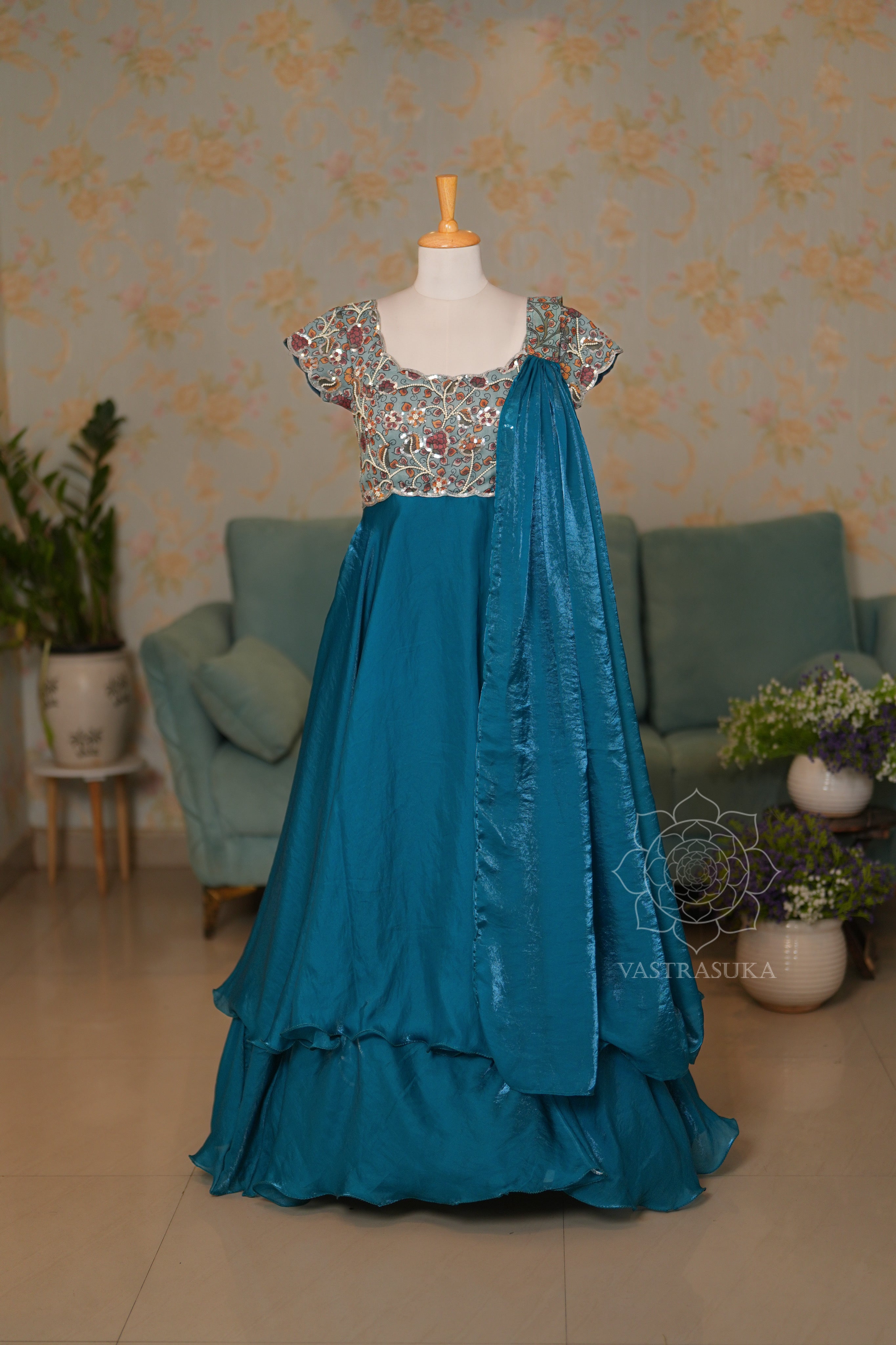 Teal blue kalamkari Long Dress Set