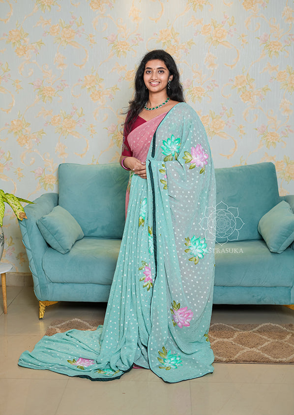 Ice Blue Floral Hand Painted Saree