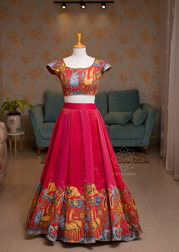 Hot Pink Pen Kalamkari Tissue Lehenga Set – Vastrasuka
