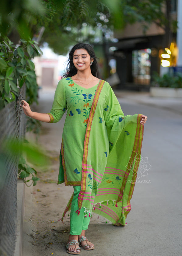 Pista green mul cotton Kurti set