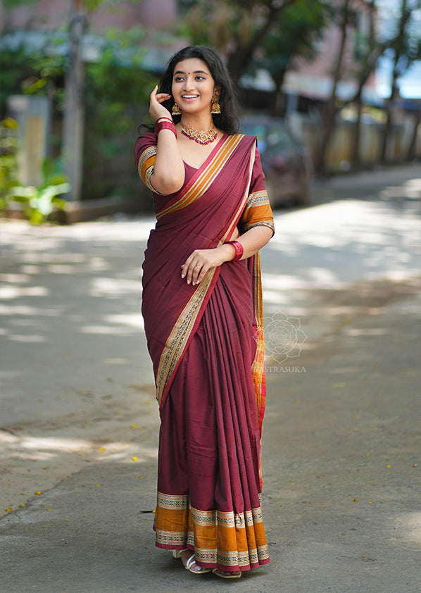 Burgundy Red Narayanpet Saree with Mustard Border
