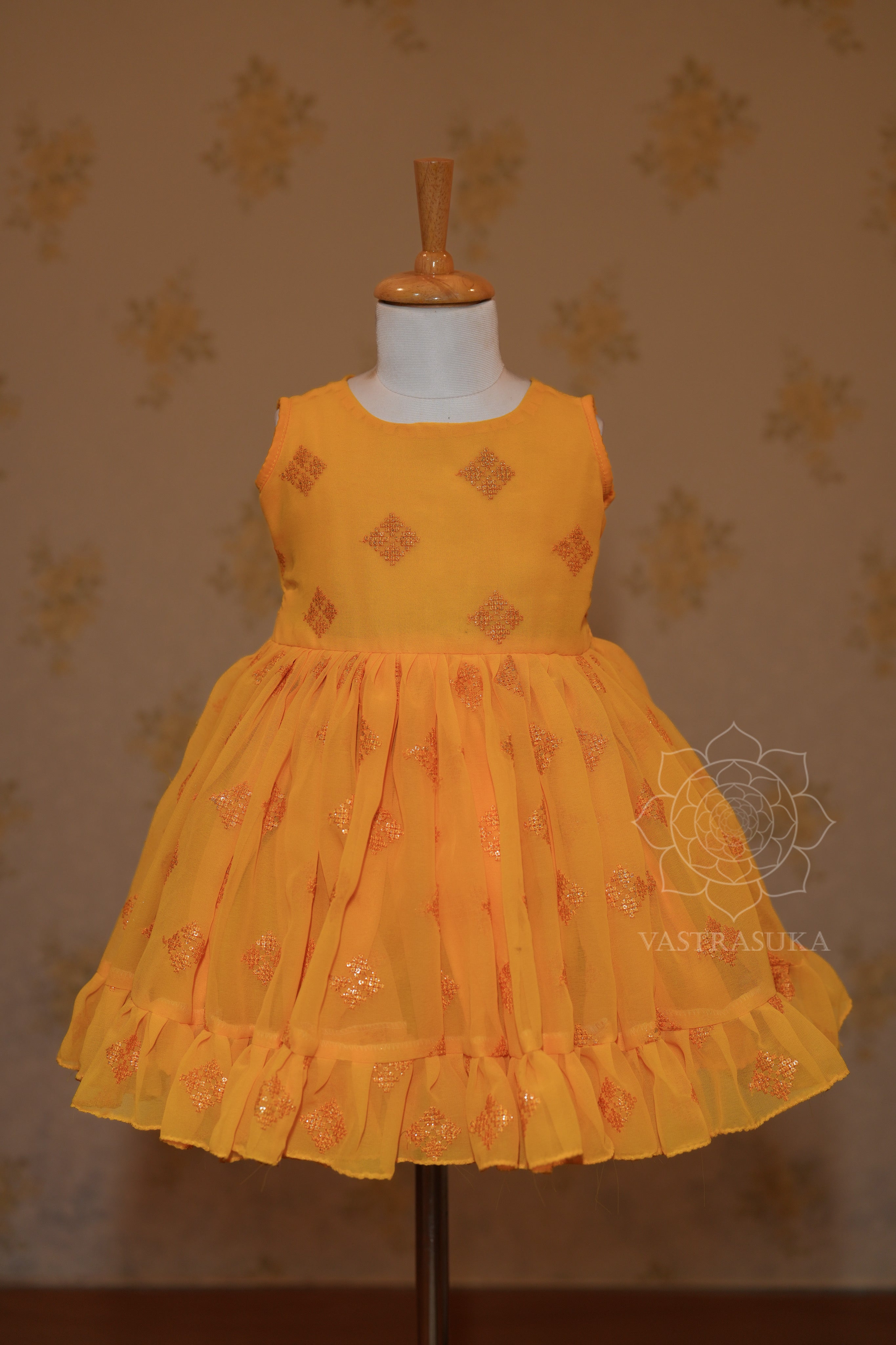 Yellow embroidered georgette kids dress