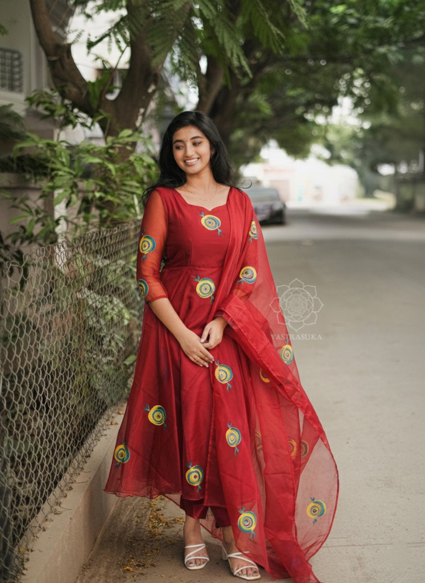 Burgundy Maroon Hand Painted Anarkali