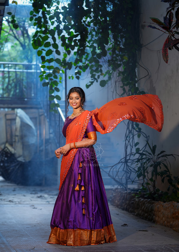 Orange Benaras Half Saree | Half saree designs, Half saree lehenga, Saree  designs