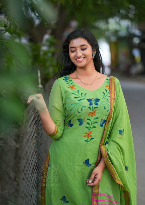 Pista green mul cotton Kurti set