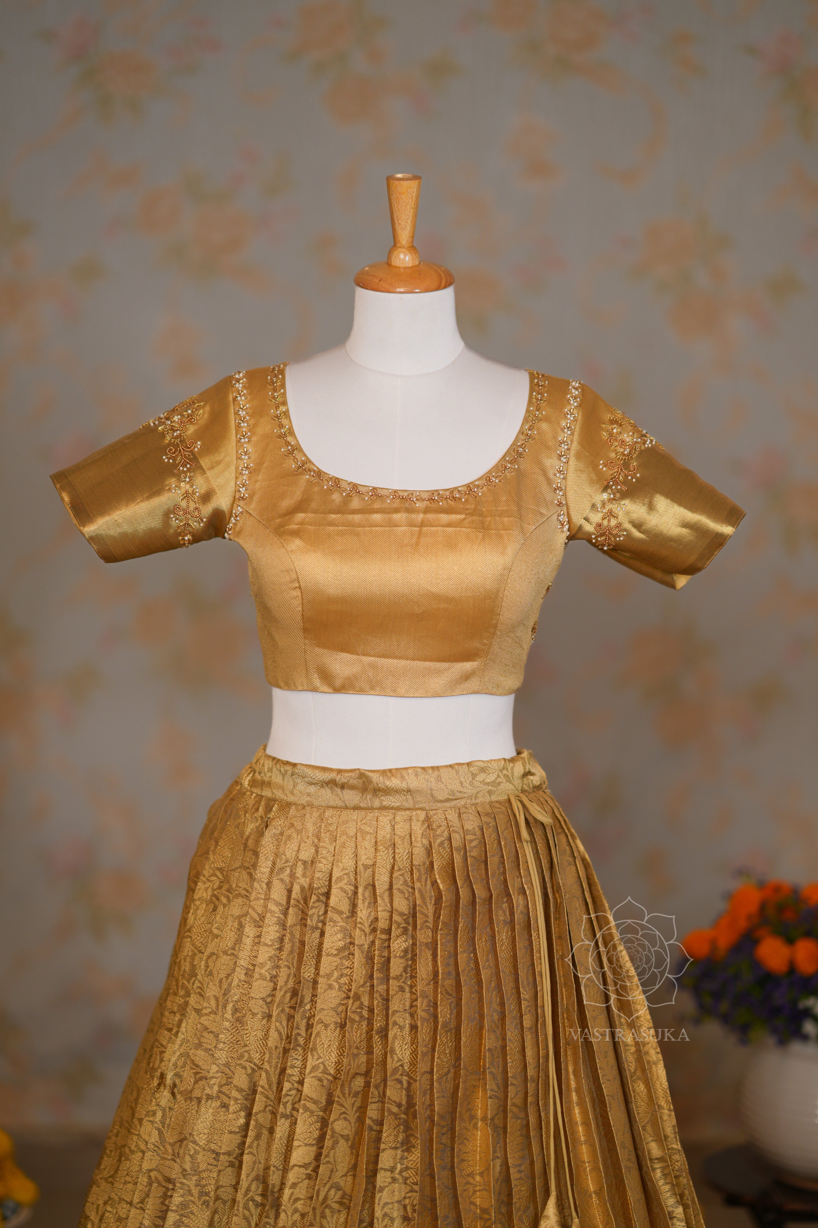 Golden Zari Weaved Banarasi Tissue Half Saree