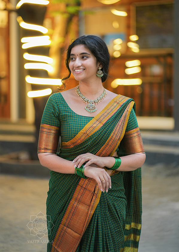 Bottle Green Checks Handloom Saree