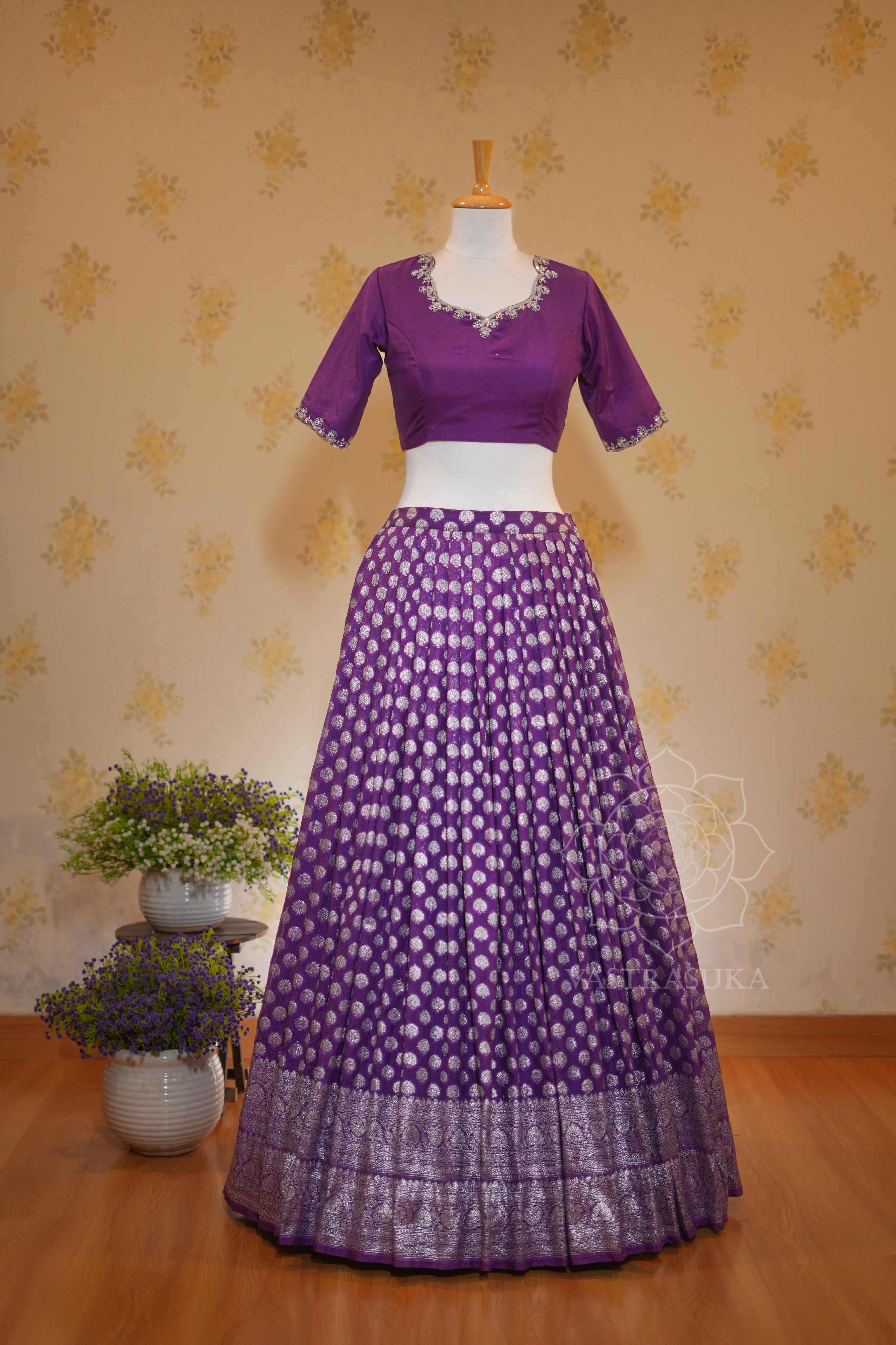 Purple silver kanchi half saree