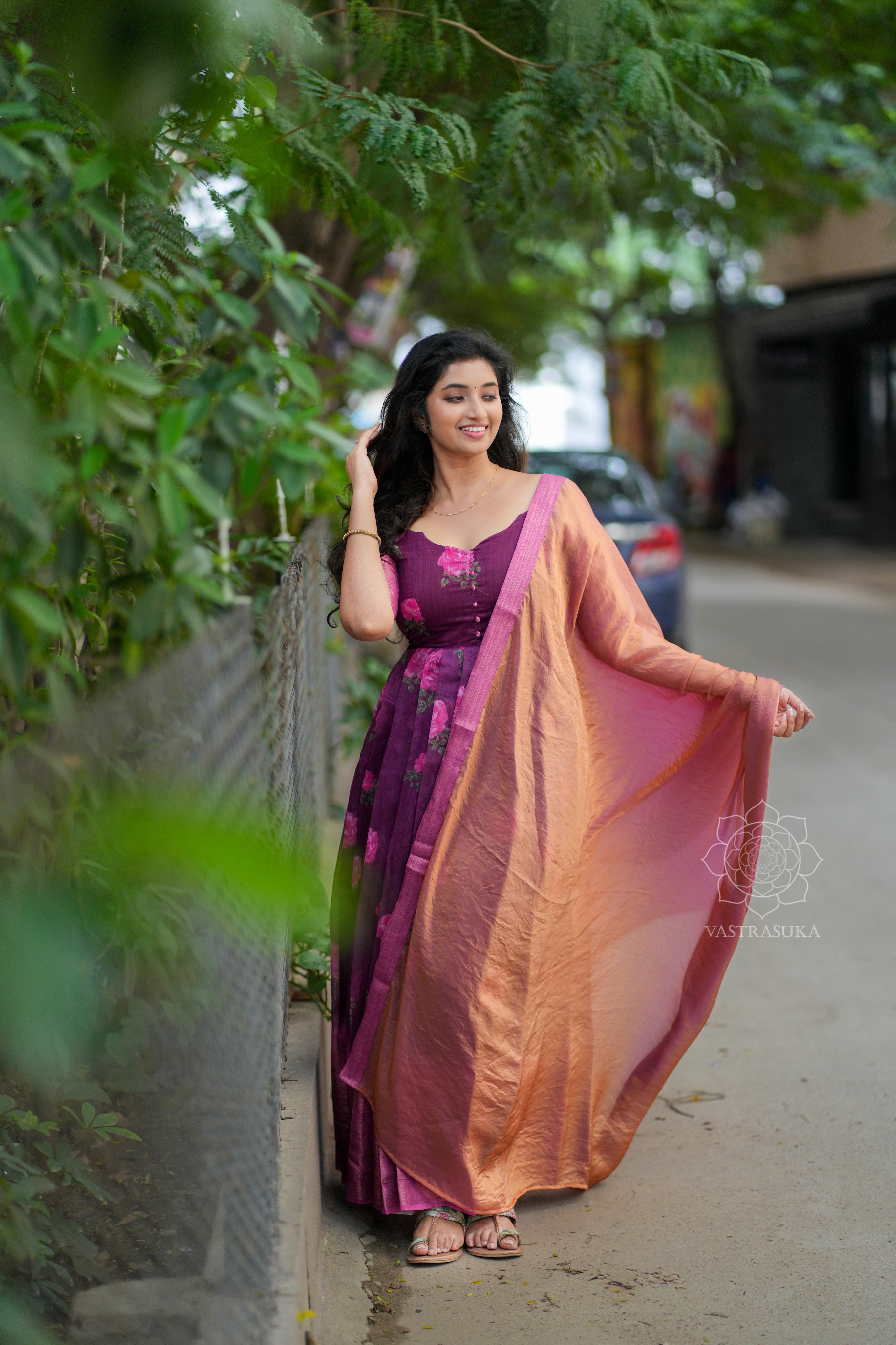 Wine red cotton Kanchi floral long dress