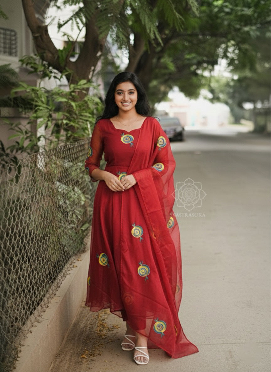 Burgundy Maroon Hand Painted Anarkali