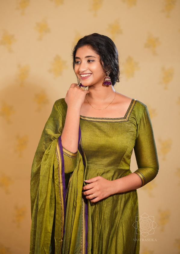 Mehandi Green Handloom Anarkali