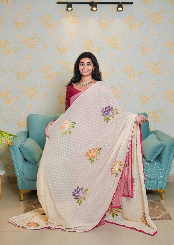 Half White Hand Painted Saree