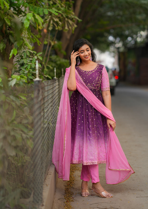 Purple and Lavender Pink Ombré Anarkali Dress