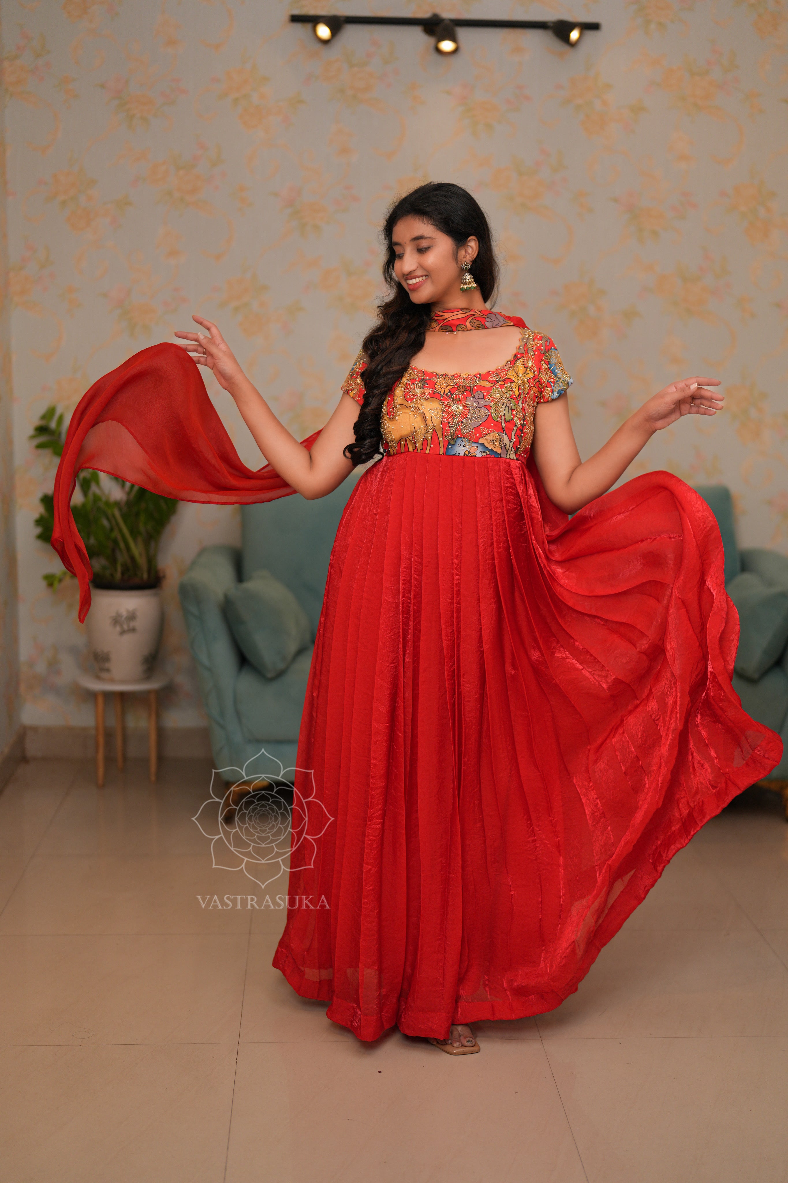 Red Kalamkari Long Dress Set