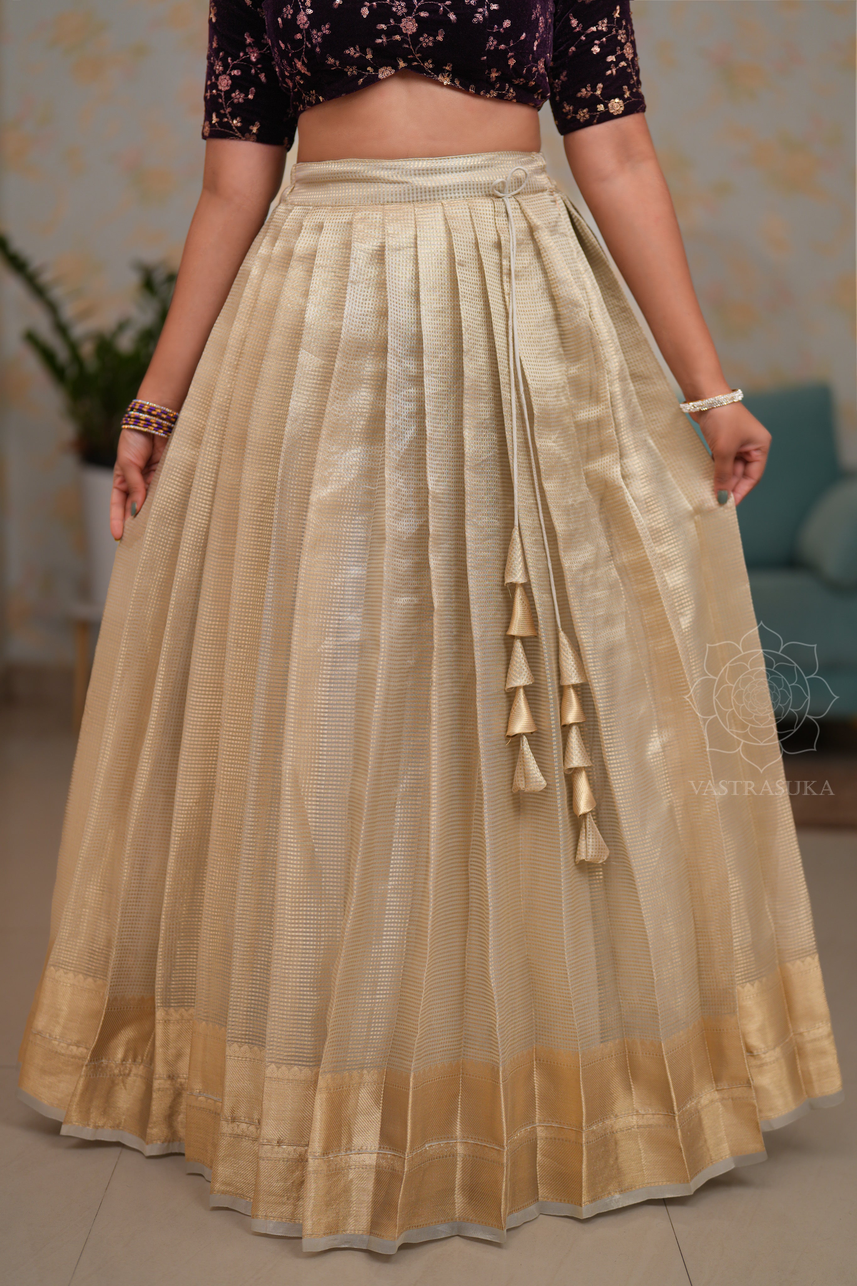Ivory silver and gold shaded Kanchi tissue lehenga