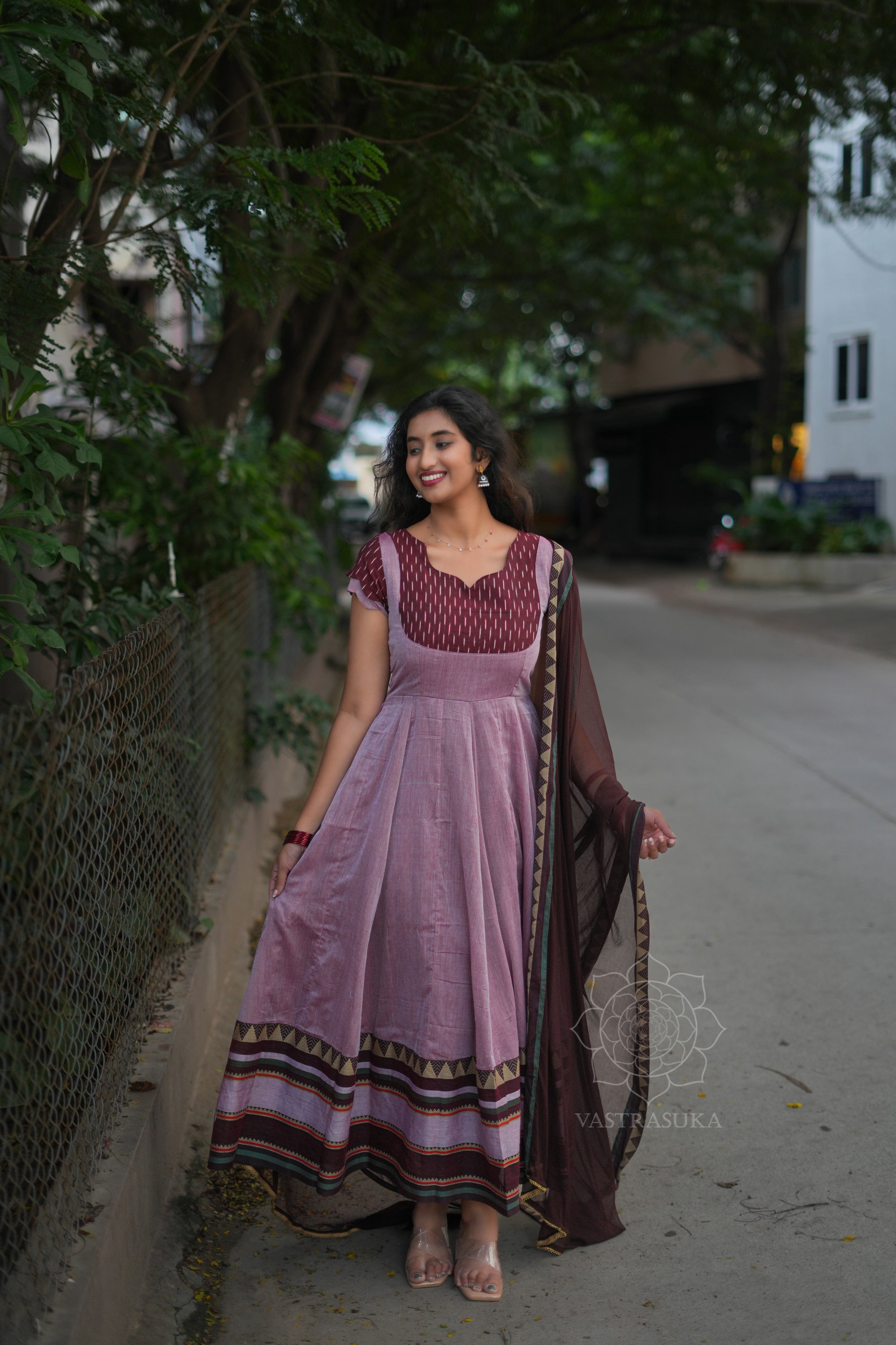Peach rose handloom Anarkali