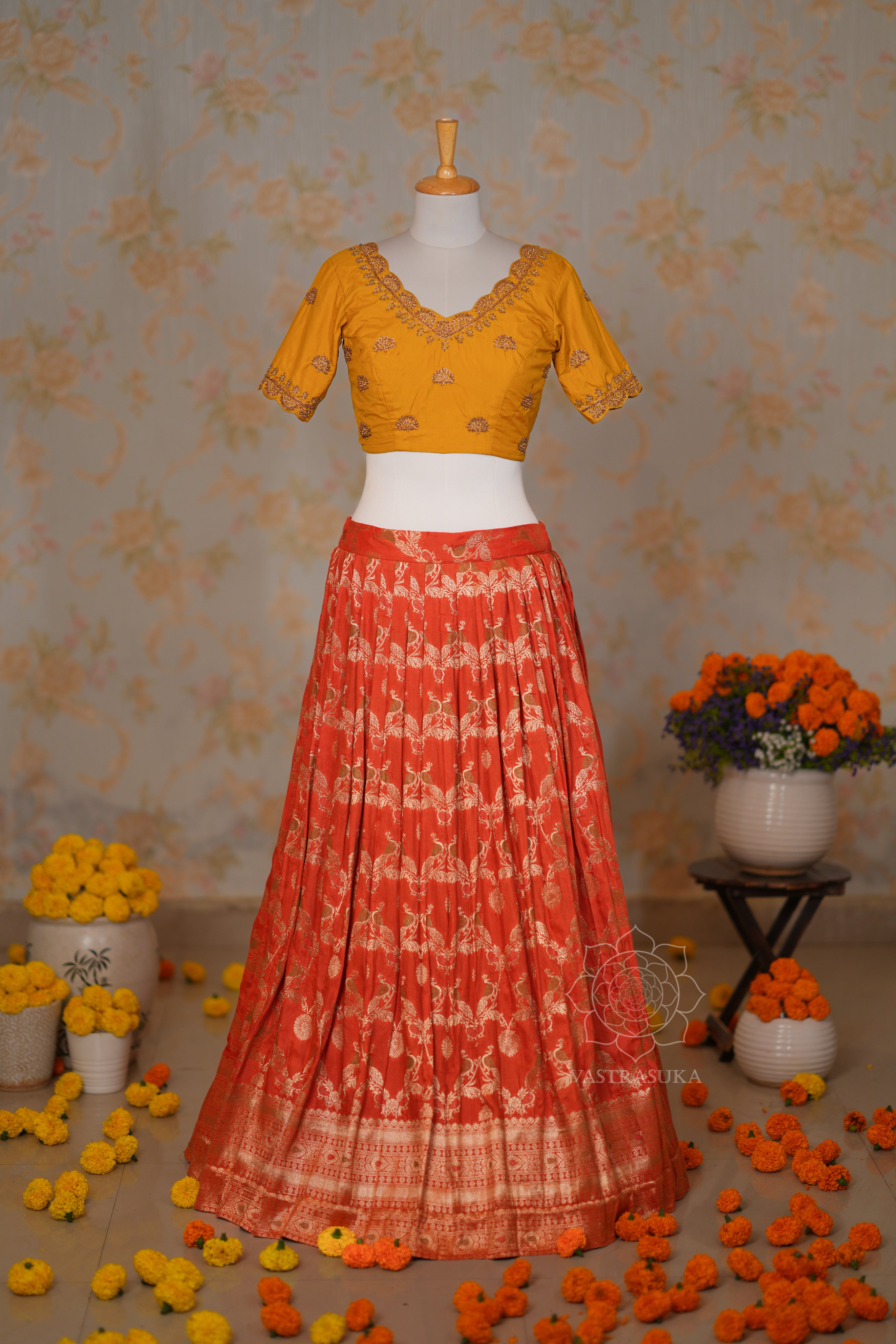 Orange Zari Weaved Half Saree