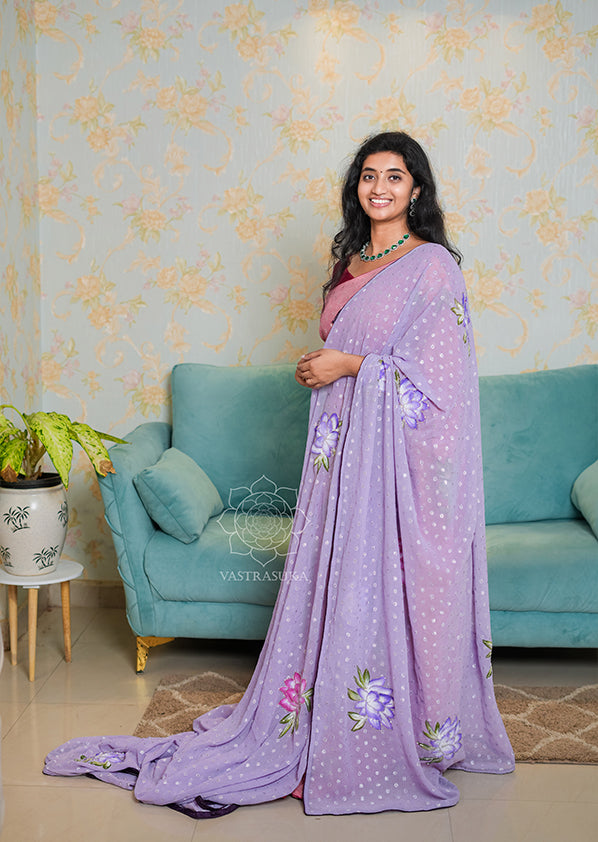 Lavender Floral Hand Painted Saree